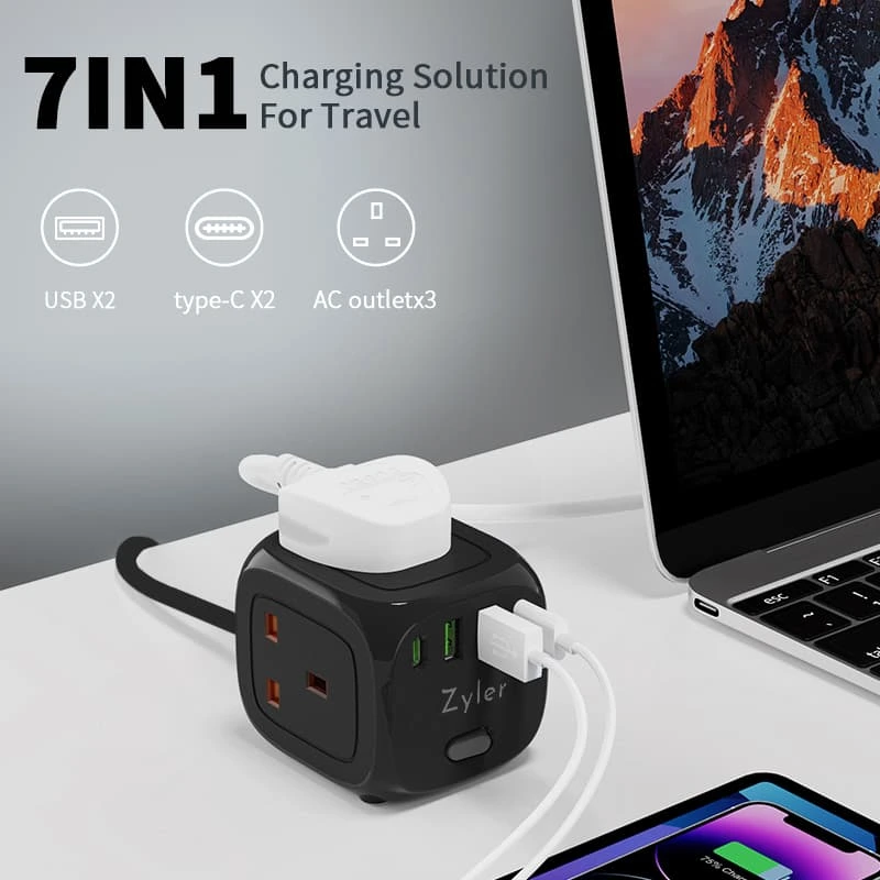 7-in-1 Charging Station Power Strip with 3 AC Outlets & 4-Port USB Fast Charger (2 USB-C), 2 Meter Cord - Image 3
