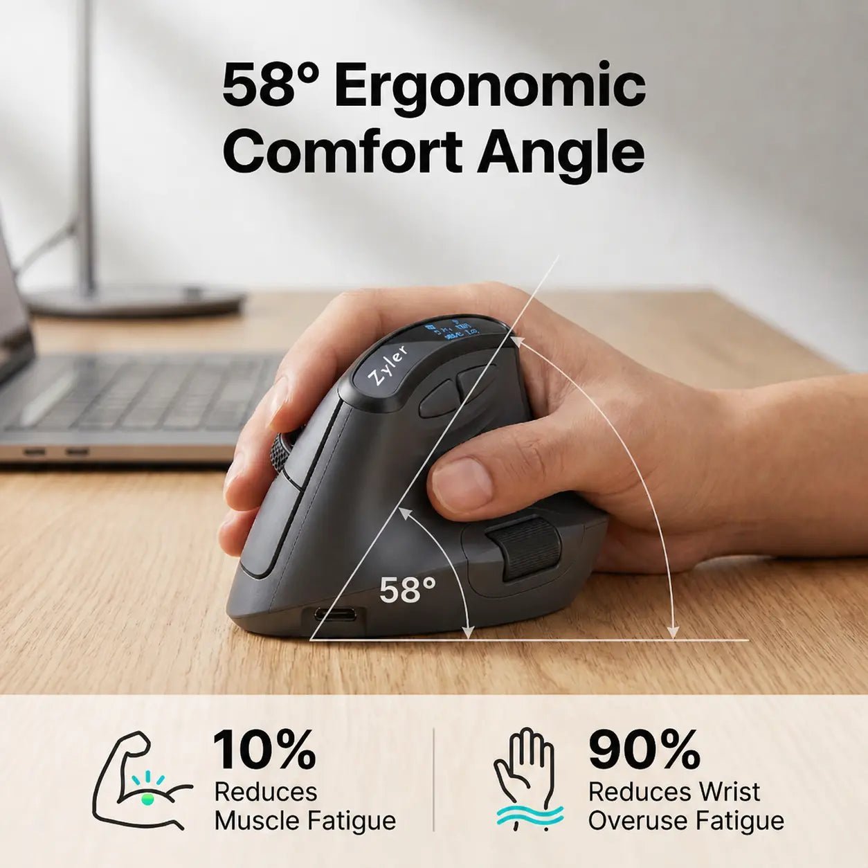 Zyler Ergonomic Vertical Mouse - Wireless Tri-Mode, Dual-Wheel, OLED Display - Image 7