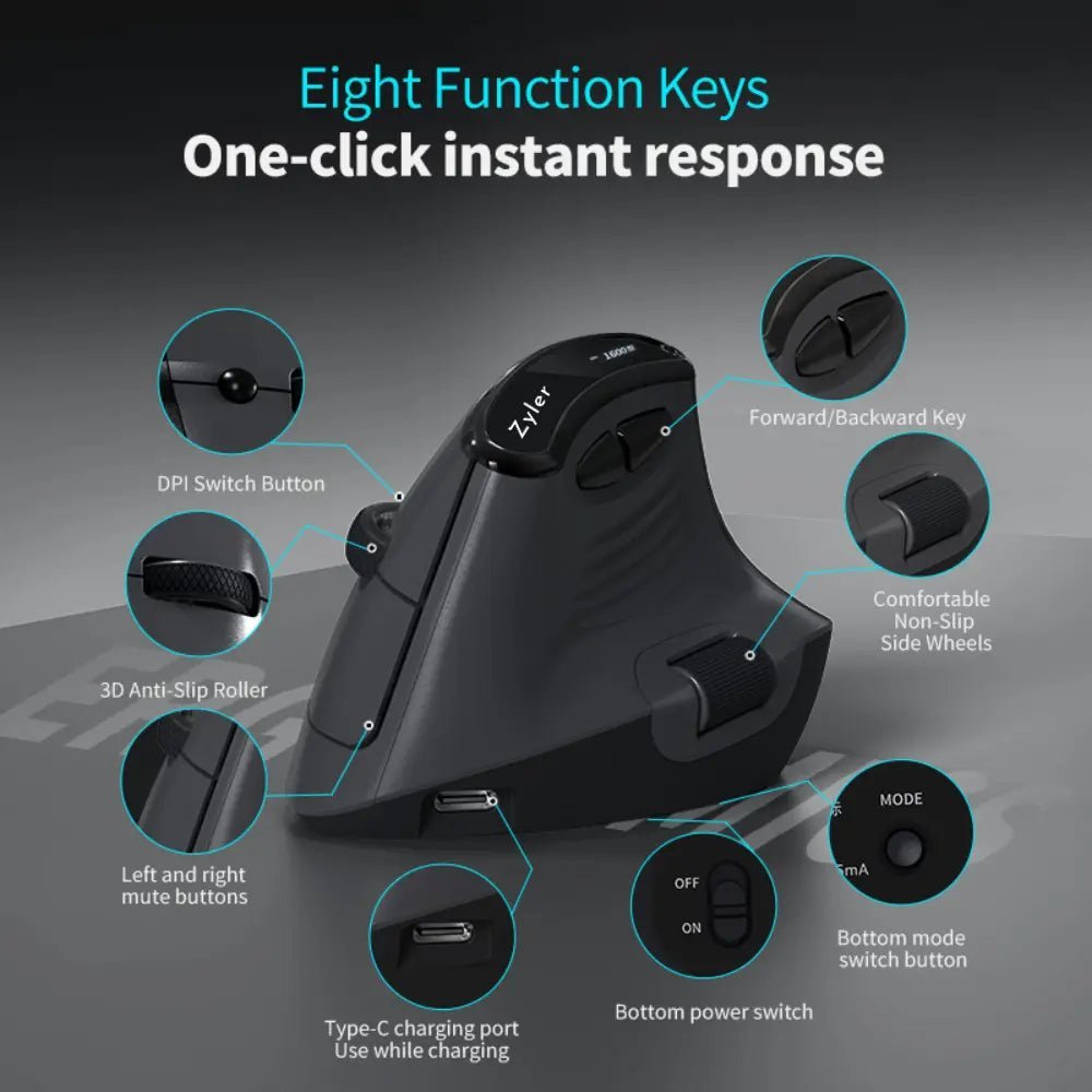 Zyler Ergonomic Vertical Mouse - Wireless Tri-Mode, Dual-Wheel, OLED Display - Image 2