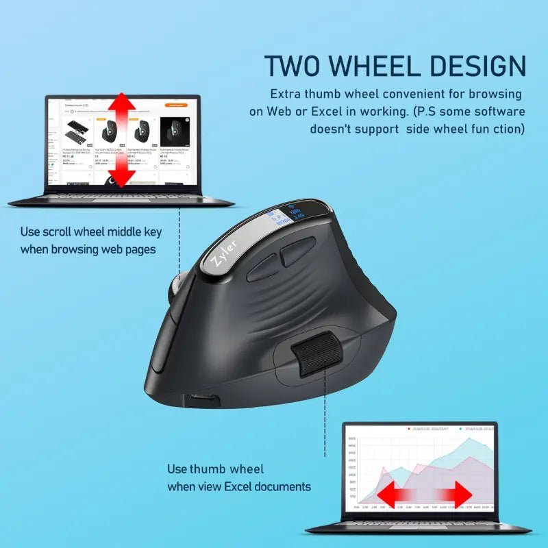 Zyler Ergonomic Vertical Mouse - Wireless Tri-Mode, Dual-Wheel, OLED Display - Image 8